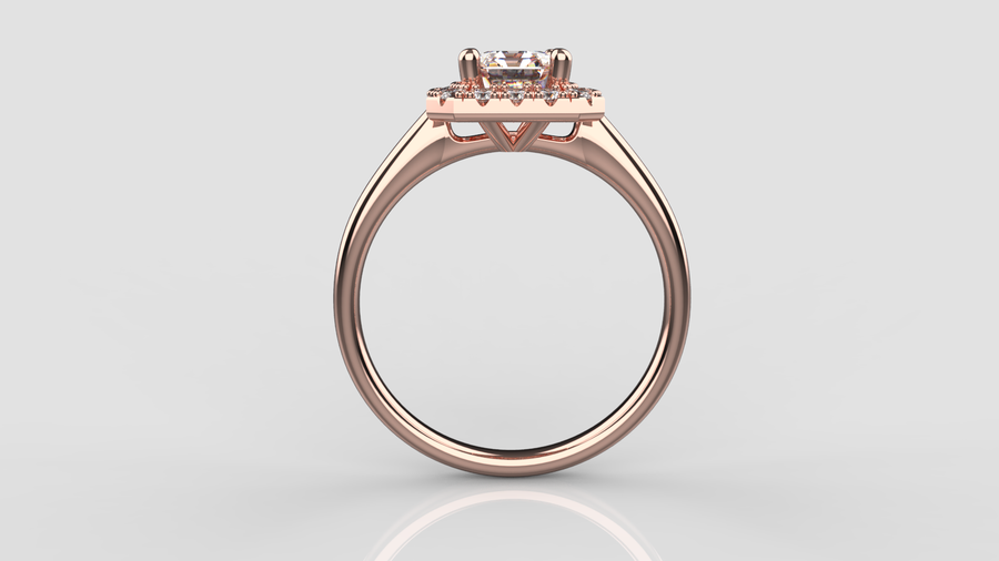 Emerald Cut Moissanite Halo Ring in 9ct Rose Gold.