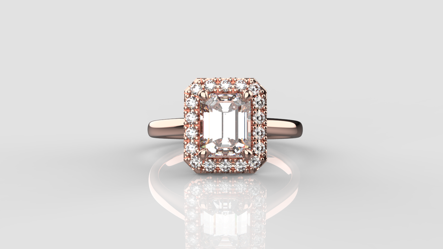Emerald Cut Moissanite Halo Ring in 9ct Rose Gold.