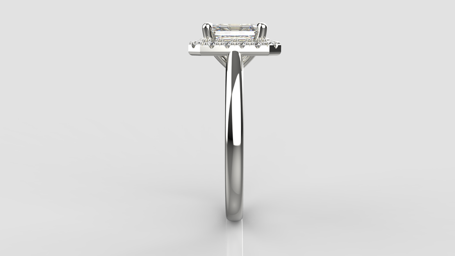 Emerald Cut Moissanite Halo Ring in 9ct White Gold.
