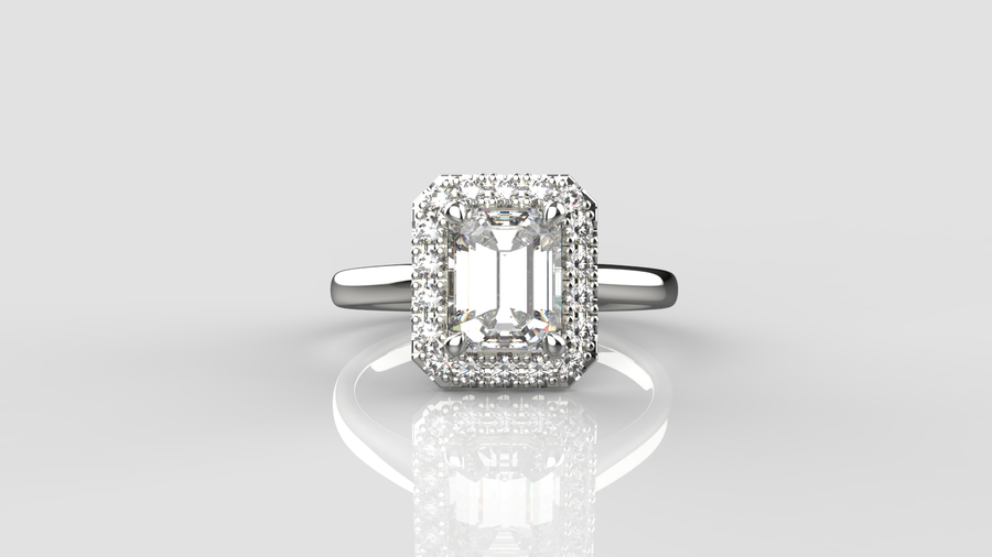 Emerald Cut Moissanite Halo Ring in 9ct White Gold.