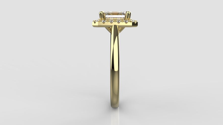 Emerald Cut Moissanite Halo Ring in 9ct Yellow Gold.