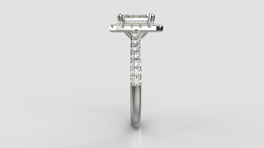 Emerald Cut Moissanite Halo Ring with small Moissanites on the shank in 9ct White Gold