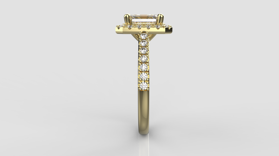 Emerald Cut Moissanite Halo Ring with small Moissanites on the shank in 9ct Yellow Gold