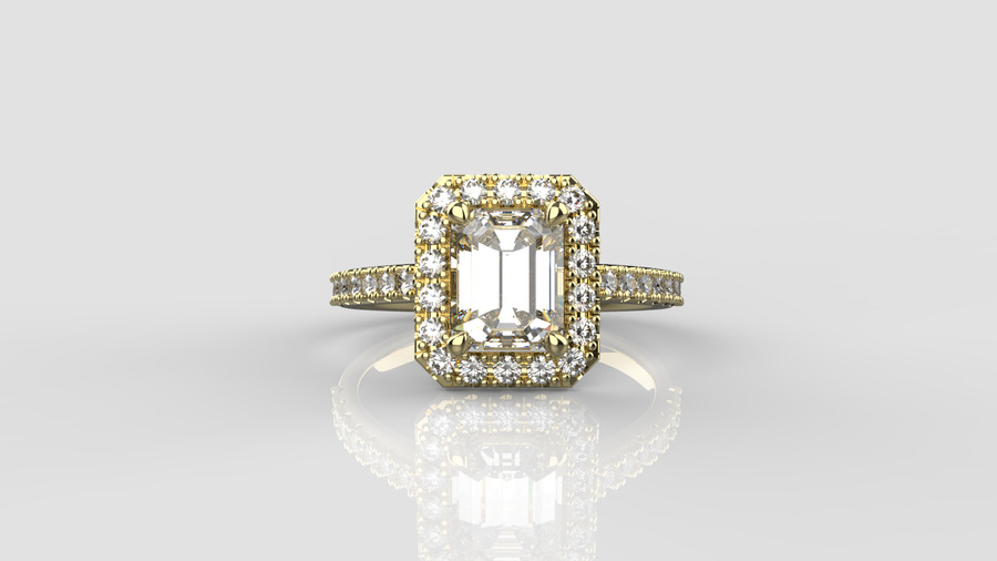 Emerald Cut Moissanite Halo Ring with small Moissanites on the shank in 9ct Yellow Gold