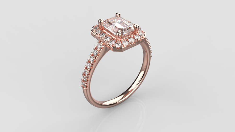 Emerald Cut Moissanite Halo Ring with small Moissanites on the shank in 9ct Rose Gold