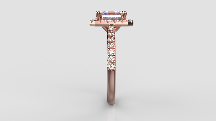 Emerald Cut Moissanite Halo Ring with small Moissanites on the shank in 9ct Rose Gold