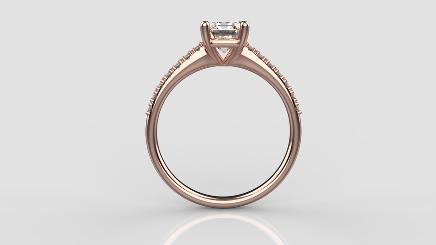 Emerald Cut Moissanite Solitaire Ring with small Moissanites on the shank in 9ct Rose Gold