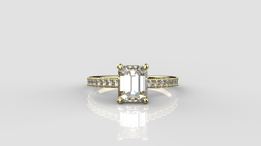 Emerald Cut Moissanite Solitaire Ring with small Moissanites on the shank in 9ct Yellow Gold