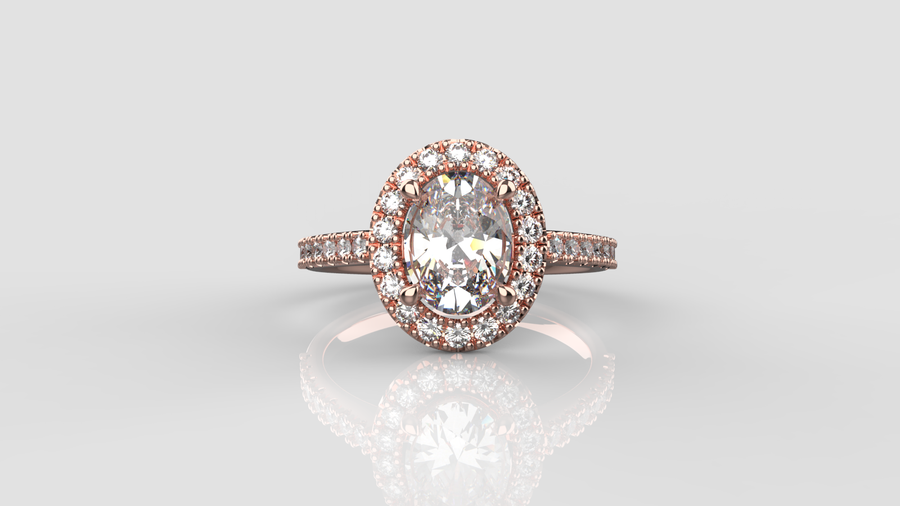Oval Cut Moissanite Halo Ring with small Moissanites on the shank in 9ct Rose Gold