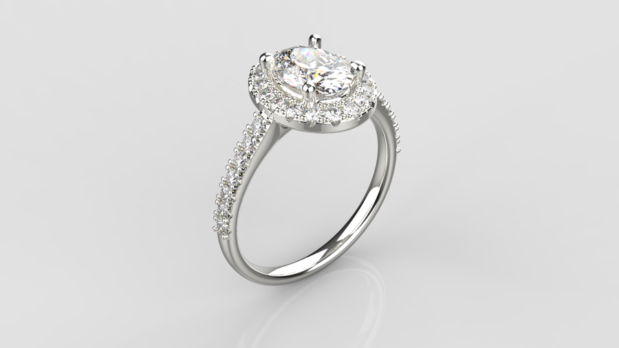 Oval Cut Moissanite Halo Ring with small Moissanites on the shank in 9ct White Gold