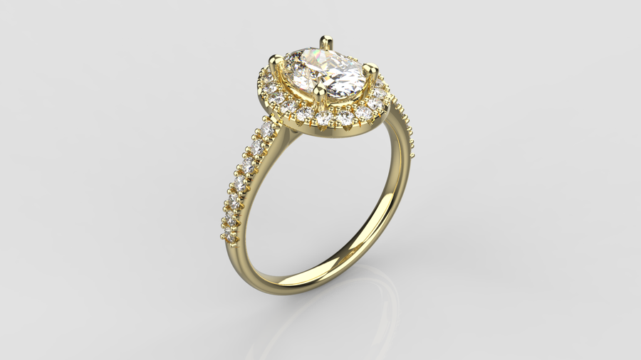 Oval Cut Moissanite Halo Ring with small Moissanites on the shank in 9ct Yellow Gold