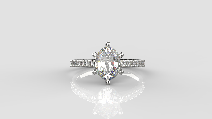 Oval Cut Moissanite Solitaire Ring with small Moissanites on the shank in 9ct White Gold