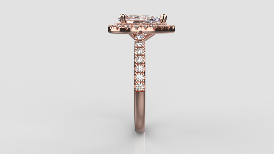 Pear Cut Moissanite Halo Ring with small Moissanites on the shank in 9ct Rose Gold