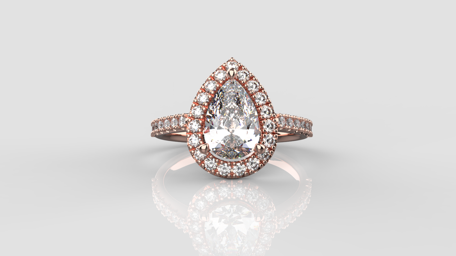 Pear Cut Moissanite Halo Ring with small Moissanites on the shank in 9ct Rose Gold