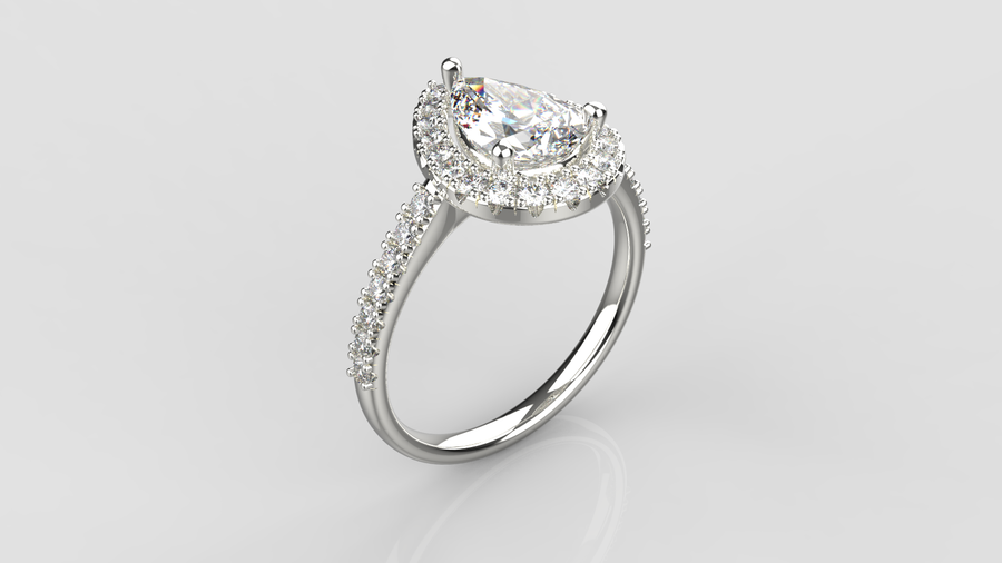 Pear Cut Moissanite Halo Ring with small Moissanites on the shank in 9ct White Gold
