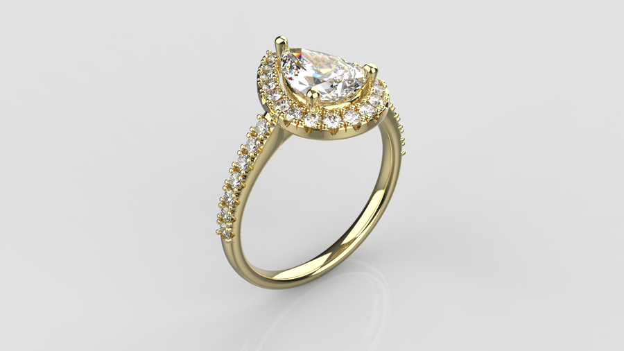 Pear Cut Moissanite Halo Ring with small Moissanites on the shank in 9ct Yellow Gold