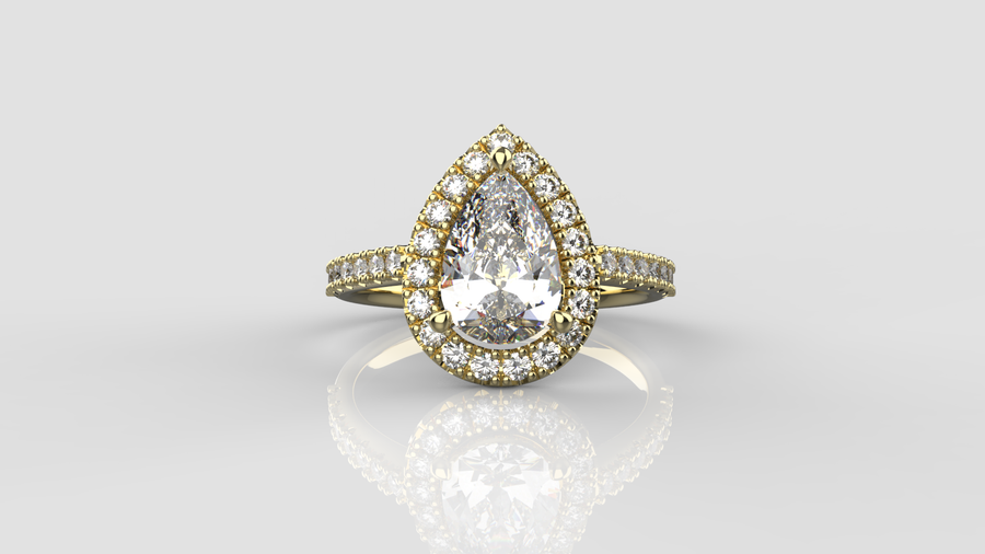 Pear Cut Moissanite Halo Ring with small Moissanites on the shank in 9ct Yellow Gold