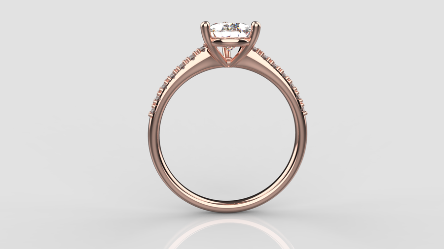 Pear Cut Moissanite Solitaire Ring with small Moissanites on the shank in 9ct Rose Gold