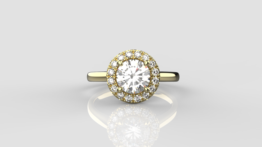 Round Brilliant Cut Moissanite Halo Ring in 9ct Yellow Gold
