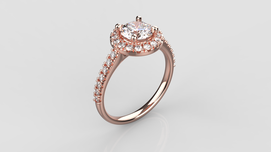 Round Brilliant Cut Moissanite Halo Ring with small Moissanites on the shank in 9ct Rose Gold
