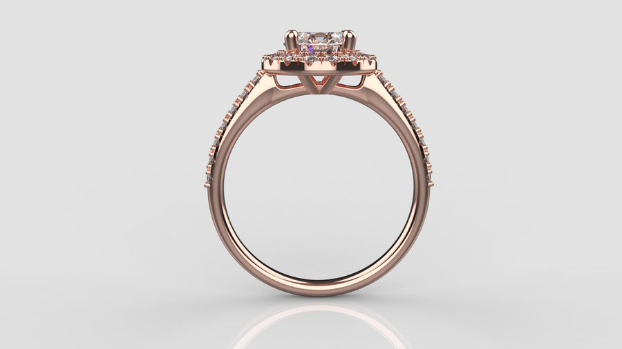 Round Brilliant Cut Moissanite Halo Ring with small Moissanites on the shank in 9ct Rose Gold
