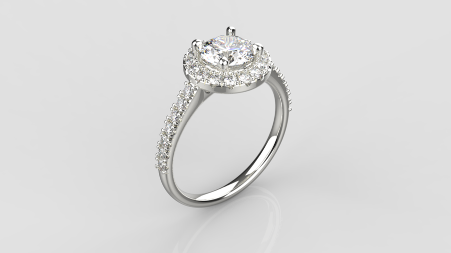 Round Brilliant Cut Moissanite Halo Ring with small Moissanites on the shank in 9ct White Gold