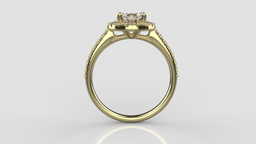 Round Brilliant Cut Moissanite Halo Ring with small Moissanites on the shank in 9ct Yellow Gold