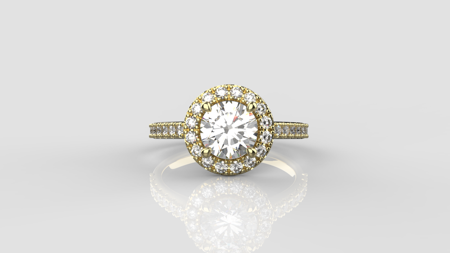 Round Brilliant Cut Moissanite Halo Ring with small Moissanites on the shank in 9ct Yellow Gold
