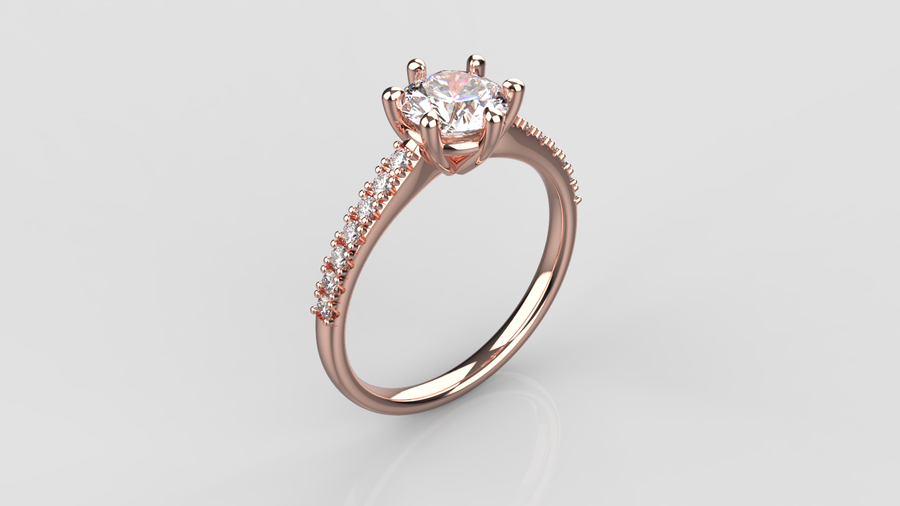 Round Brilliant Cut Moissanite Solitaire Ring with small Moissanites on the shank in 9ct Rose Gold