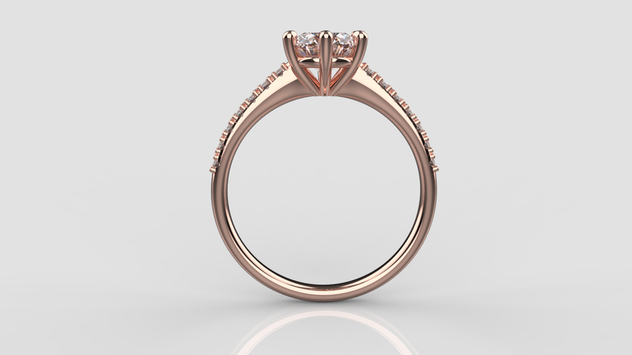 Round Brilliant Cut Moissanite Solitaire Ring with small Moissanites on the shank in 9ct Rose Gold