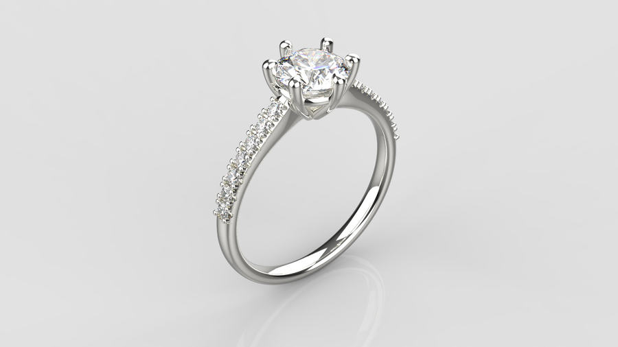 Round Brilliant Cut Moissanite Solitaire Ring with small Moissanites on the shank in 9ct White Gold