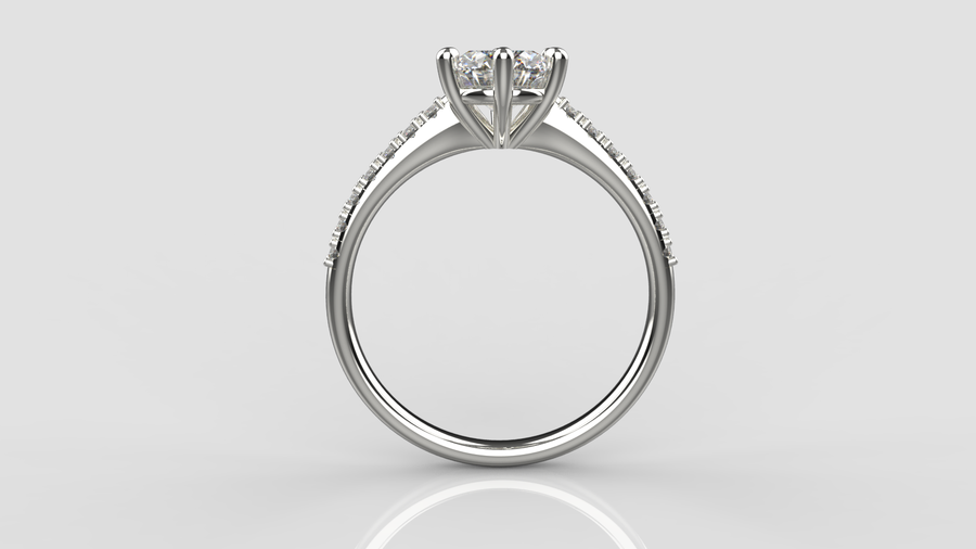Round Brilliant Cut Moissanite Solitaire Ring with small Moissanites on the shank in 9ct White Gold