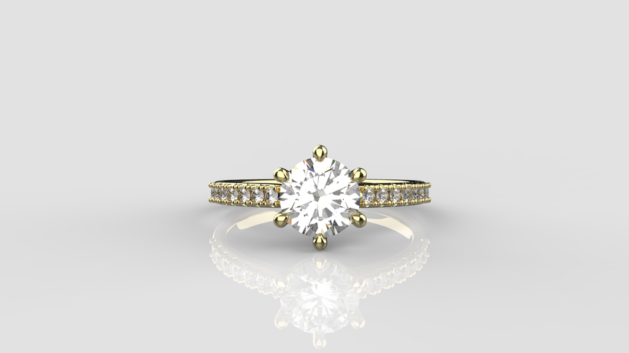 Round Brilliant Cut Moissanite Solitaire Ring with small Moissanites on the shank in 9ct Yellow Gold